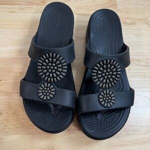 Crocs Monterey Diamante Wedge Sandals Women's Black Slip-On Open Toe Comfort - 7